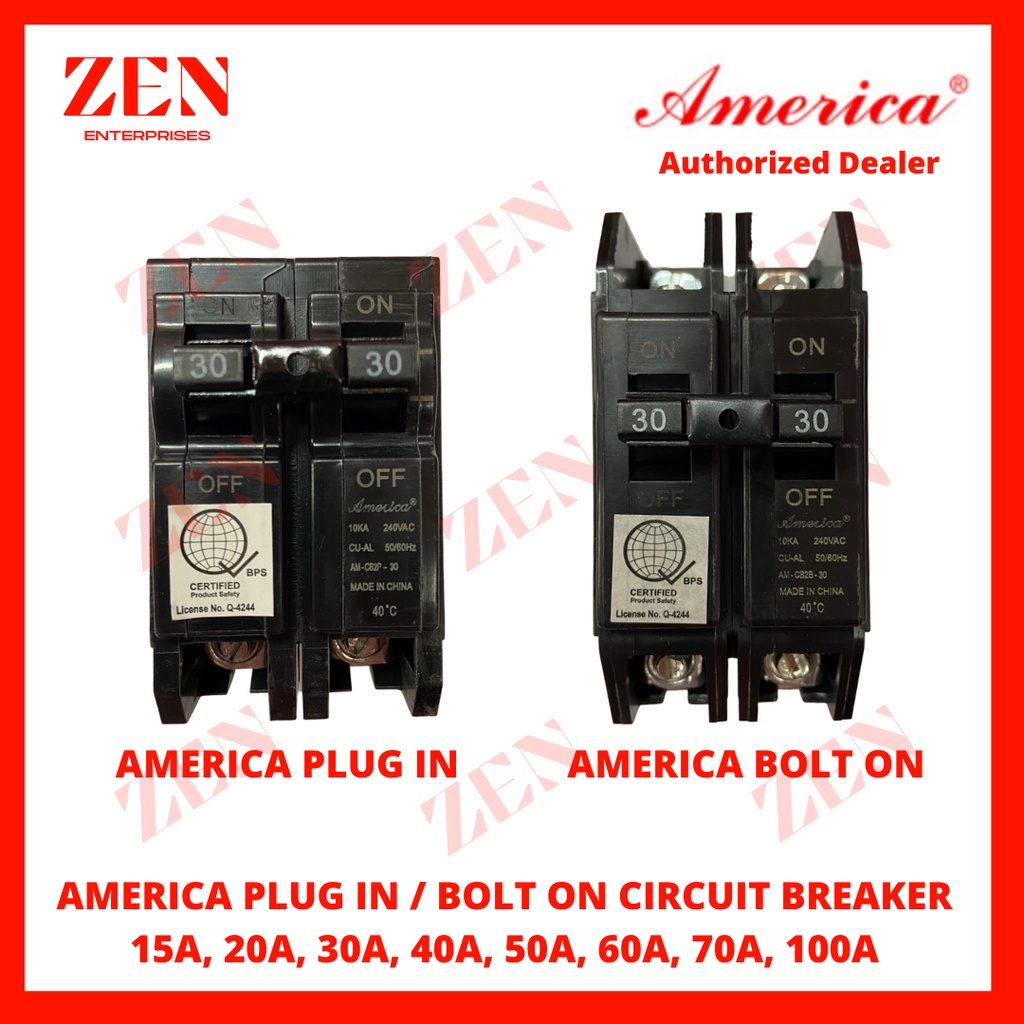 America Circuit Breaker 2P Plug In / Bolt On 15 20 30 40 50 60 100A ...