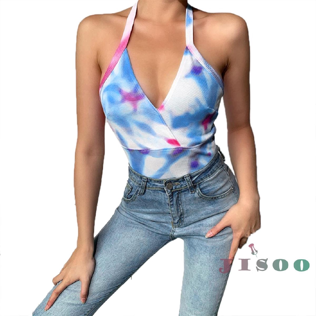 I Ifemale Vest Fashionable Tie Dye Print Deep V Neck Sleeveless T Shirt Women S Tops Shopee Philippines