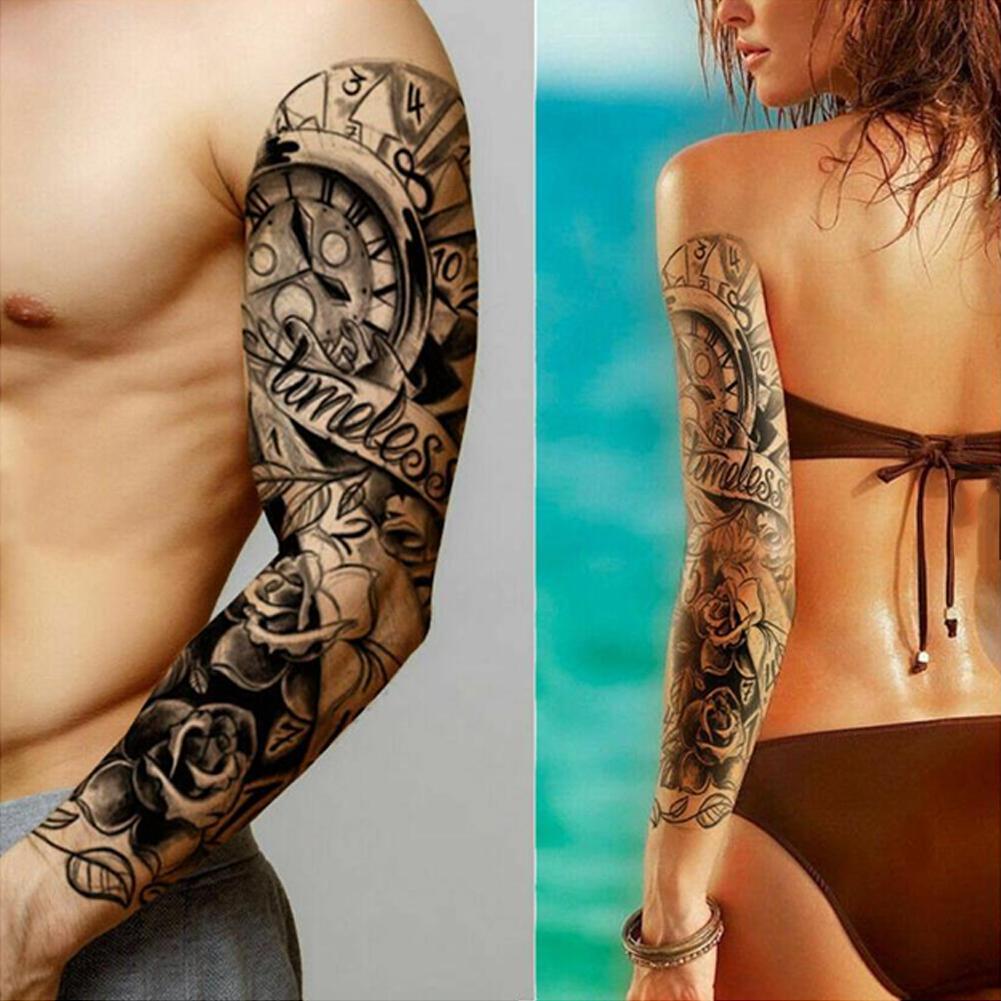 Cool Long Full Arm Rose Clock Temporary Tattoos For Men Women Tatoo Body Leg Art Makeup Large Tiger Flower Fake Tattoo Stickers Shopee Philippines