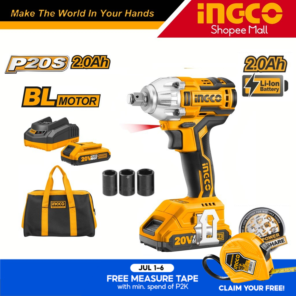 Ingco CIWLI2001 LithiumIon Cordless Impact Wrench 1/2" Brushless Motor
