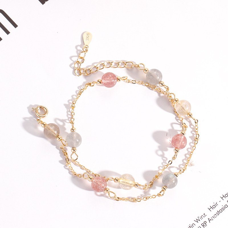 「Wrist Rainbow」Double-Layer  Bracelet for Women Strawberry Quartz Moonstone Attracting Male Stable Love Bracelet Ornament