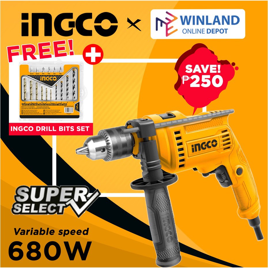 INGCO Tools Impact Drill 680W w/ Variable Speed & Hammer Function ...