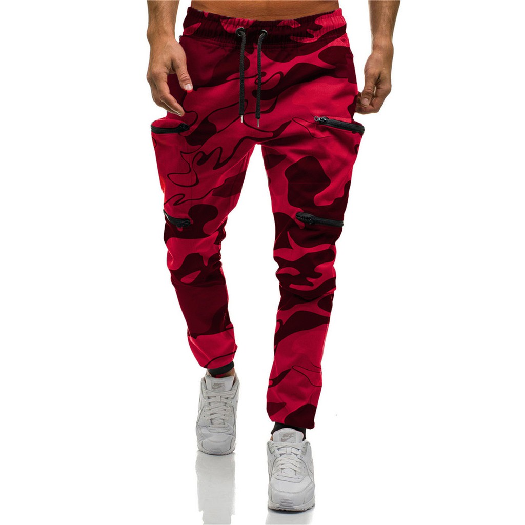 red and black camouflage pants