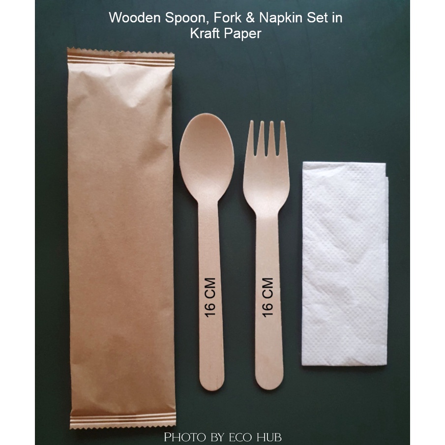 Wooden Spoon, Fork & Napkin Set Individually Wrapped (50 sets per pack
