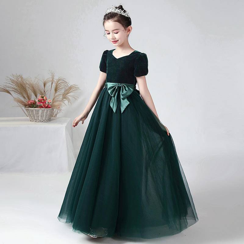 Girl Velvet Mesh Princess Dress Dark Green Piano Performance Dress ...