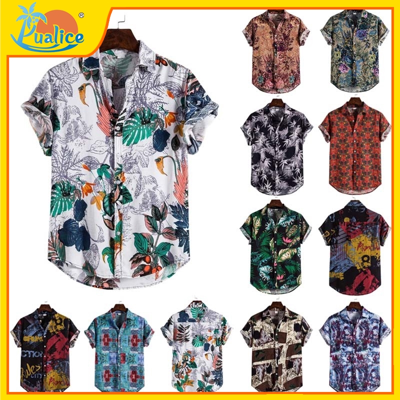 Mens Short Sleeve Shirts,Casual Cotton Linen Printing Ethnic Style Hawaiian Shirt Colorful Beach Party Holiday