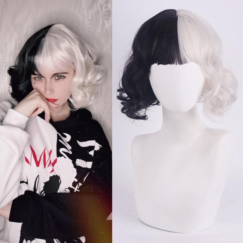 Cosplay Wig Half Black Half White Curly Hair Adjustable Short Bangs Wig Halloween Carnival Party Hairstyle Enjoygo 452