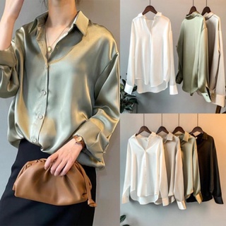 【STOCK+COD】Women satin blouse long sleeve loose shirt fashion temperament casual top Oversized Shirt #1