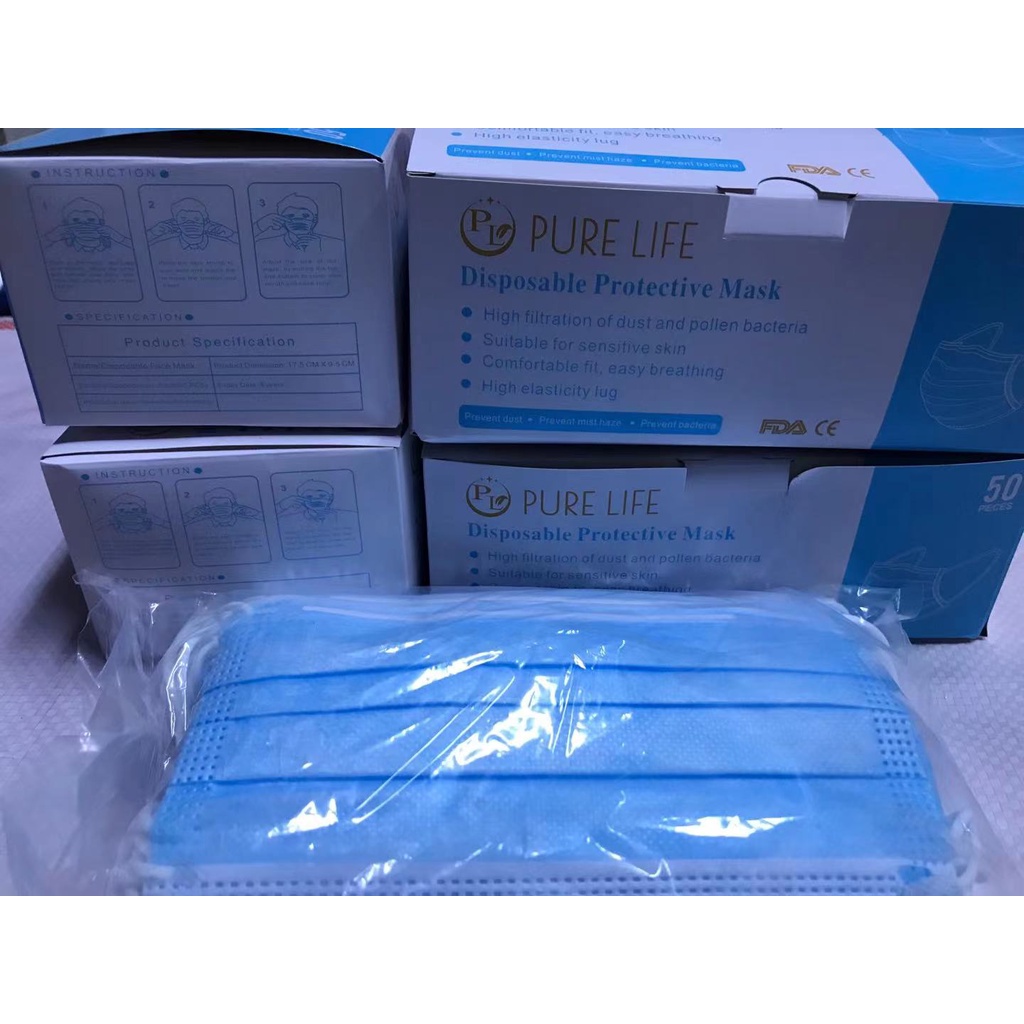 3Ply blue disposable protective face mask with box(50pcs) Shopee