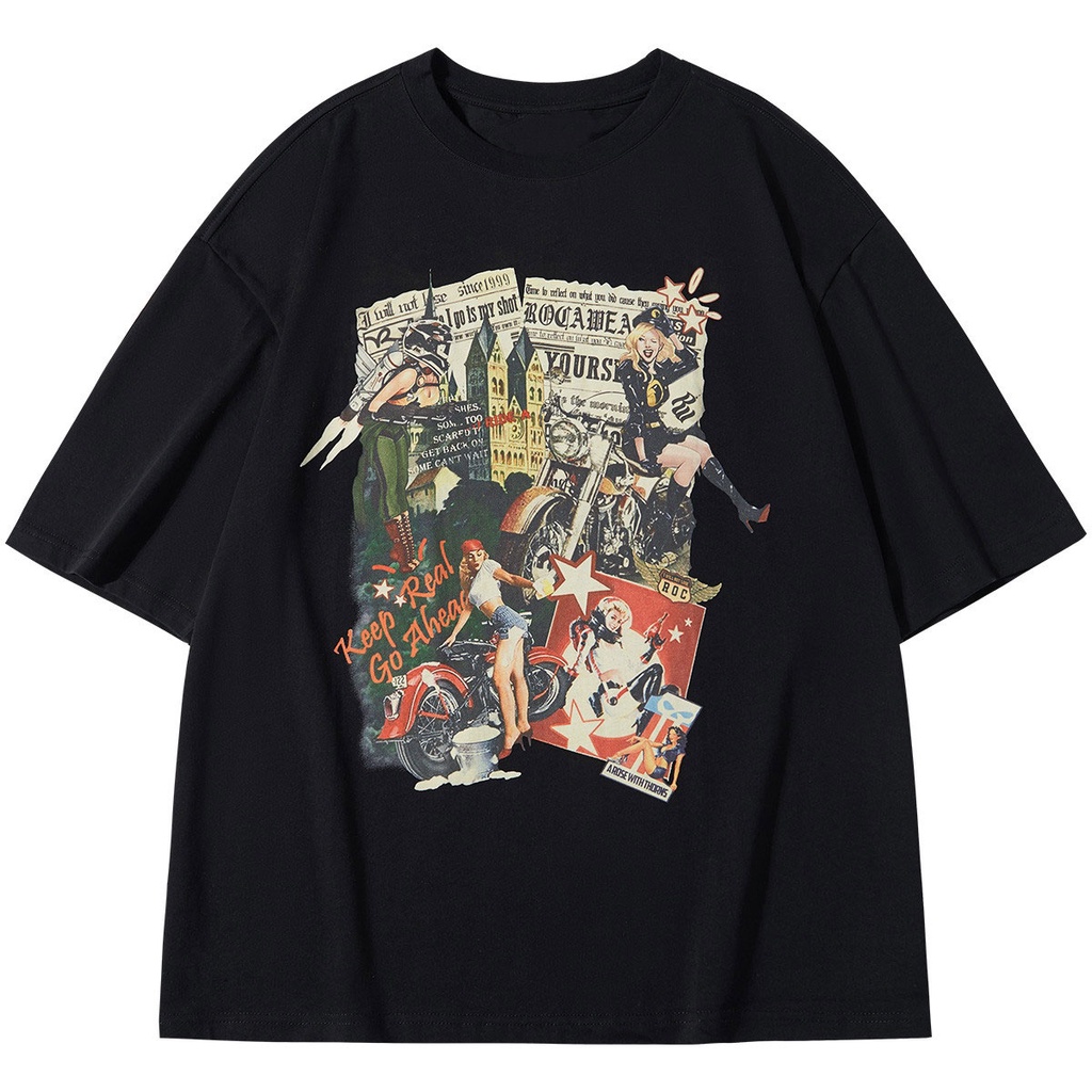 couple t-shirt summer new American retro color portrait print unisex black high street plus size top
