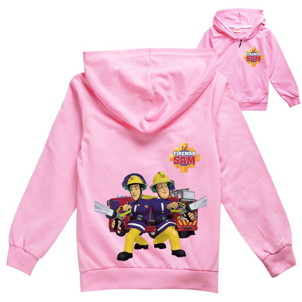 Boys Girls Kids Cartoon Anime Fireman Sam Printed Casual Long Sleeves Zipper Hooded Jacket Coat