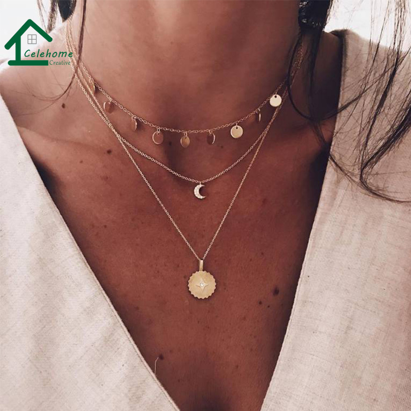 Fdesigner Boho Layered Heart Choker Necklace Moon Dangle Necklaces Chain Jewelry for Women and Girls Gold 