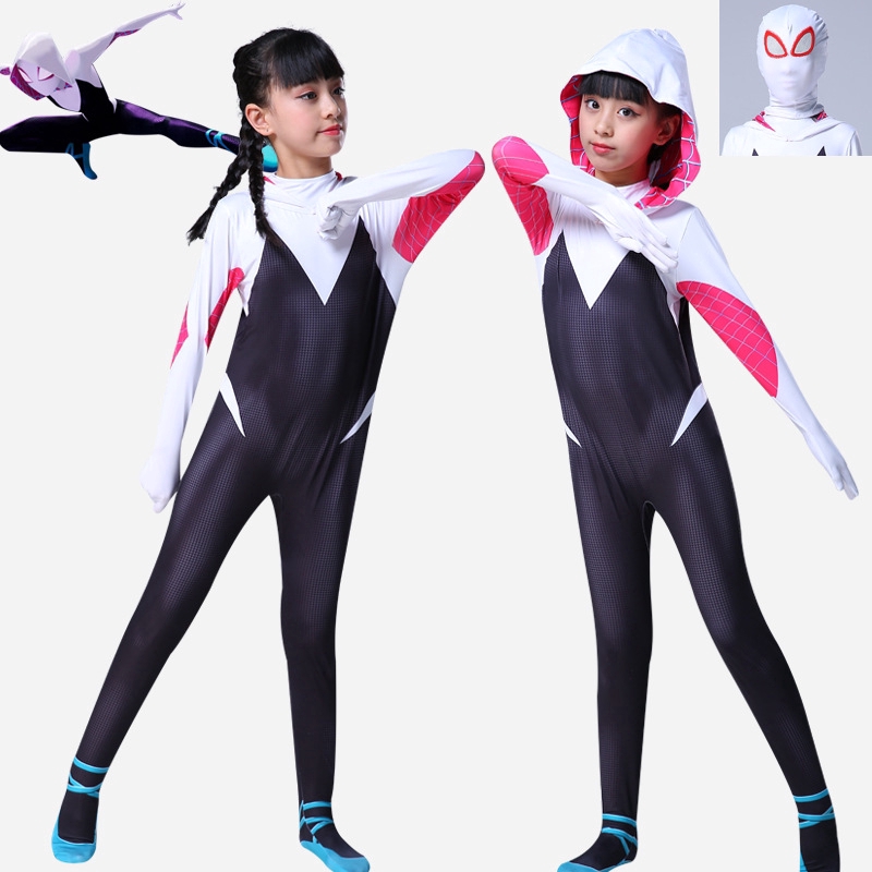 New Gwen Stacy Spider Girl Cosplay Costume Spider Gwen Zentai Full Bodysuit For Kids