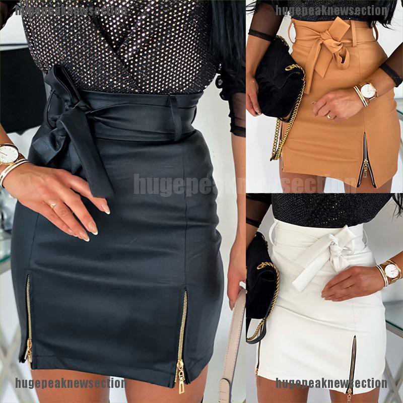 Womens Ladies PU Leather Pencil Skirt Wet Look High Waist Bodycon Mini Dress