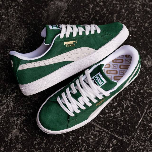 green and white puma suede
