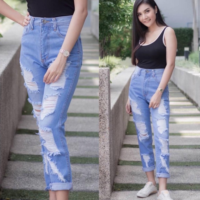 Tattered Boyfriend Punny Jeans | Shopee Philippines