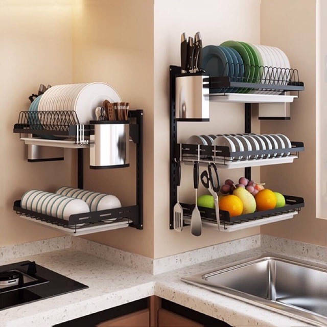 2 to 3 Tier Dish Rack Stainless Steel Dry Shelf Kitchen Cutlery Wall Mounted Holder Storage