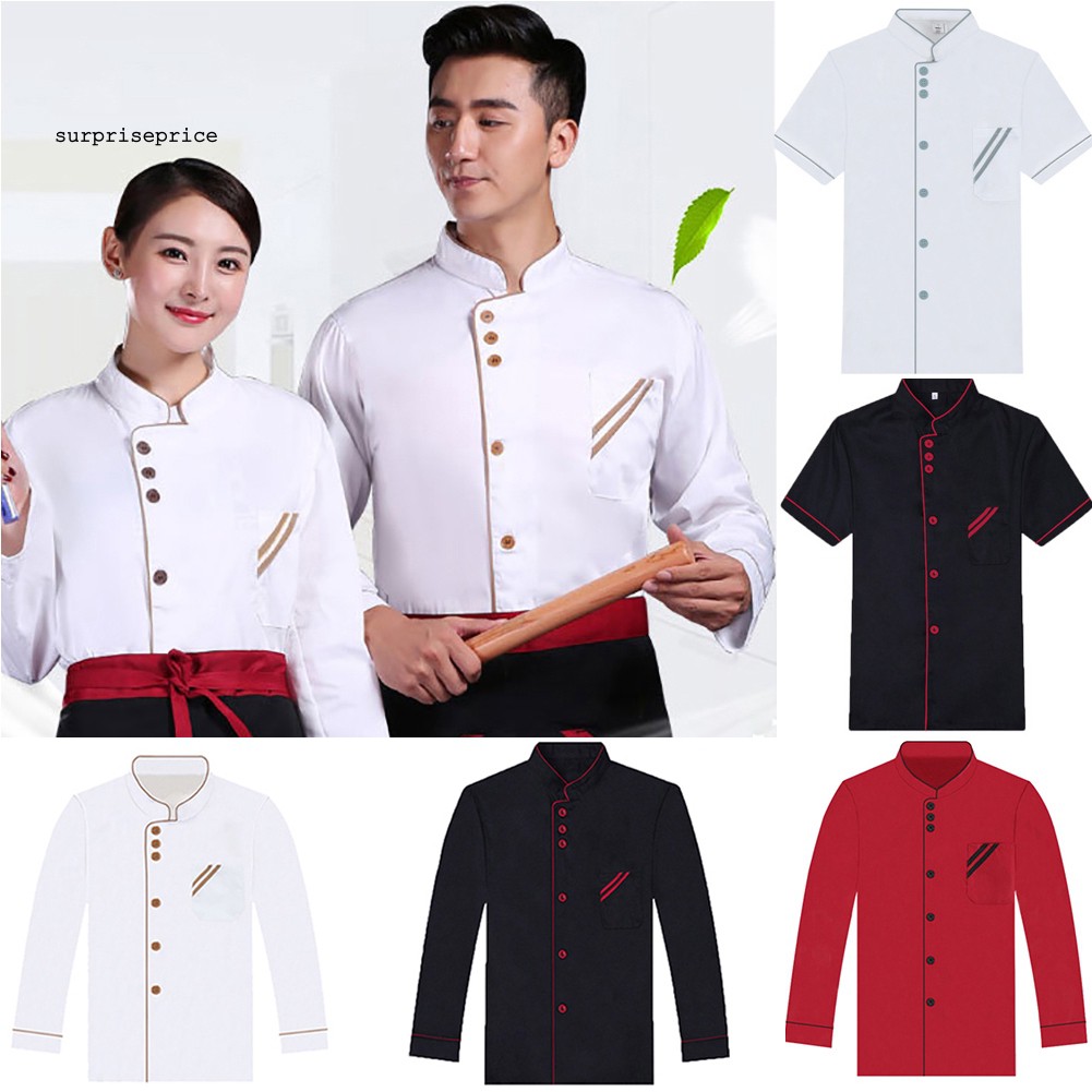 1 X Chef Coat New Stand-up Collar Clothes Women Men Kitchen Short Sleeve Uniform 