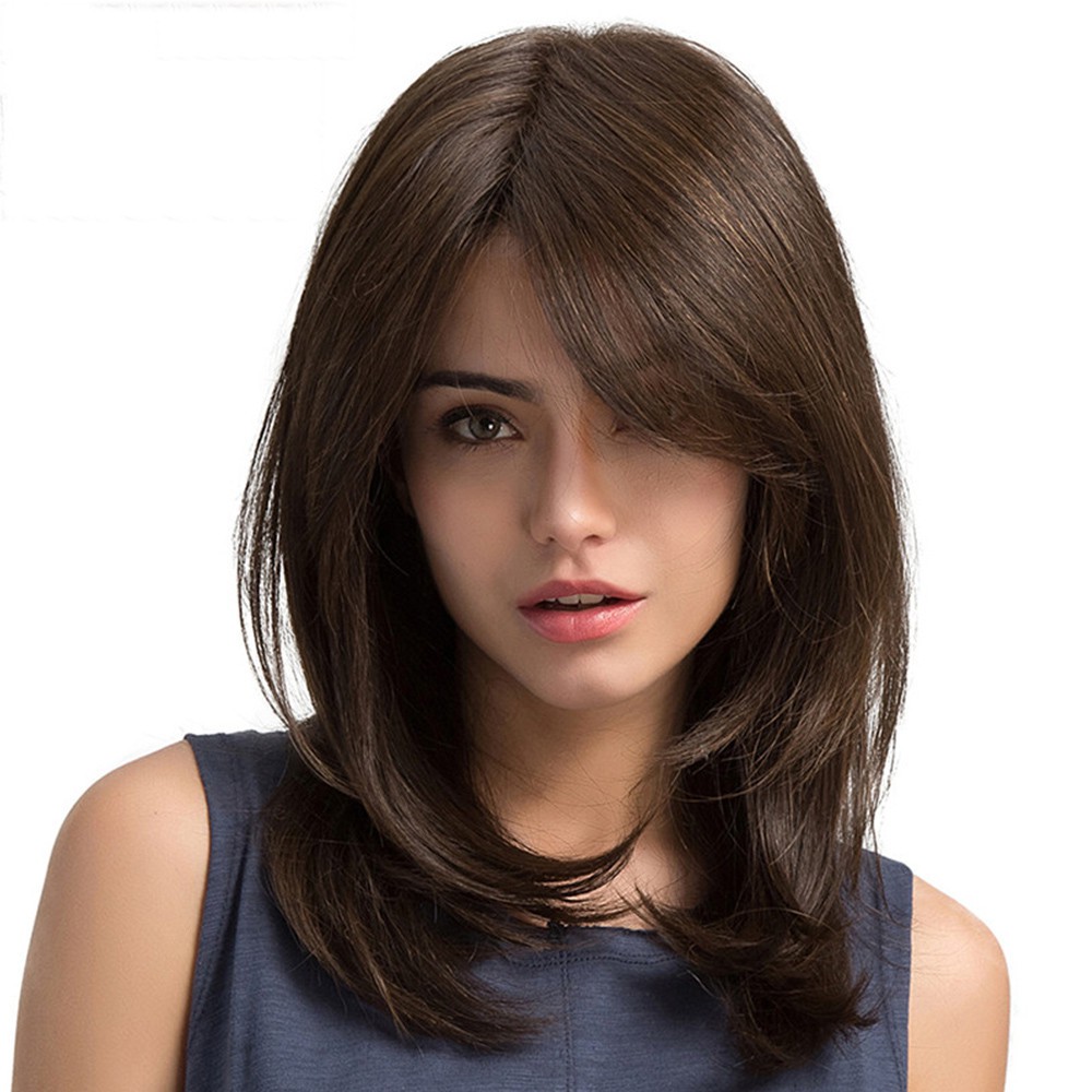 Ladies Light Brown Side Parting Long Straight Hair Synthetic
