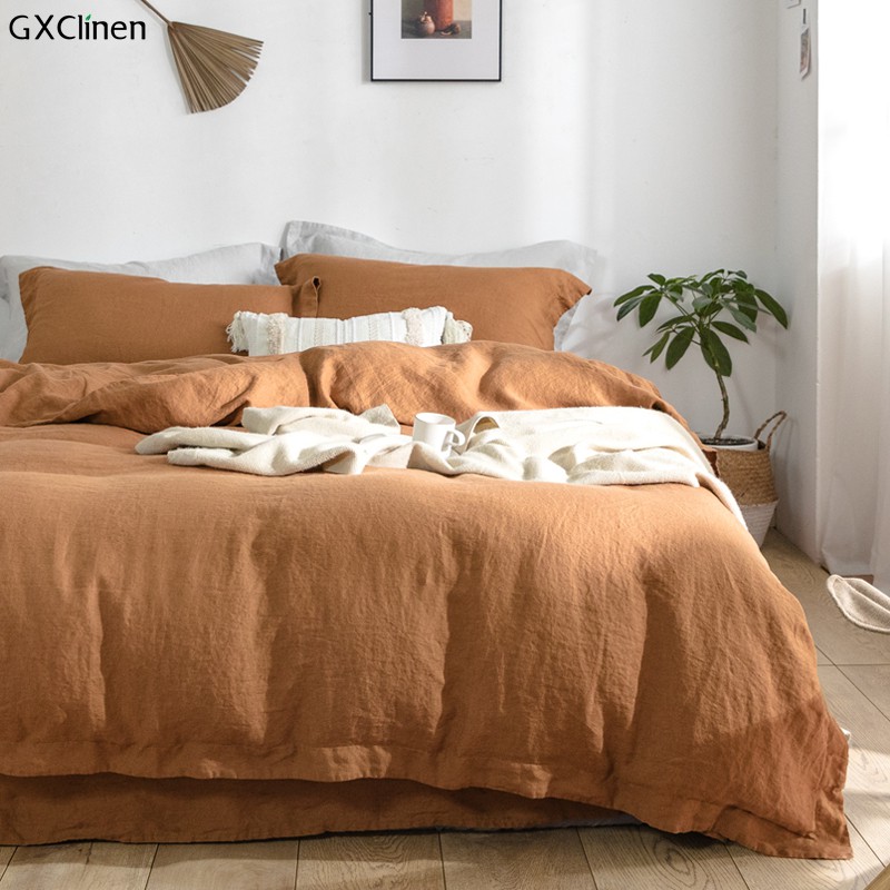 Terracotta Rust Linen Bedding Set Quilt, Terracotta Linen Duvet Cover