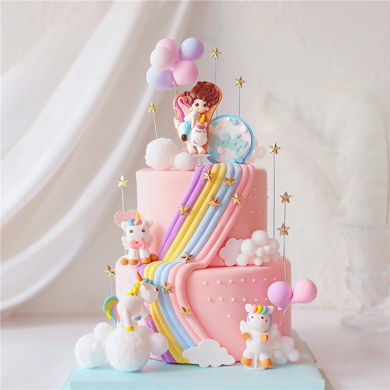Rainbow Cartoon Unicorn Girl Happy Birthday Cake Topper Kid party cake  decorating for Party | Shopee Philippines