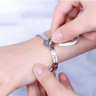[Valentine's Day Gift] 2Pcs/Set Silver Concentric Lock Bracelet Necklace Pendant/ Titanium Steel Couples Heart Lock Bangles/ Fashion Lover's Jewelry Set Gifts #5