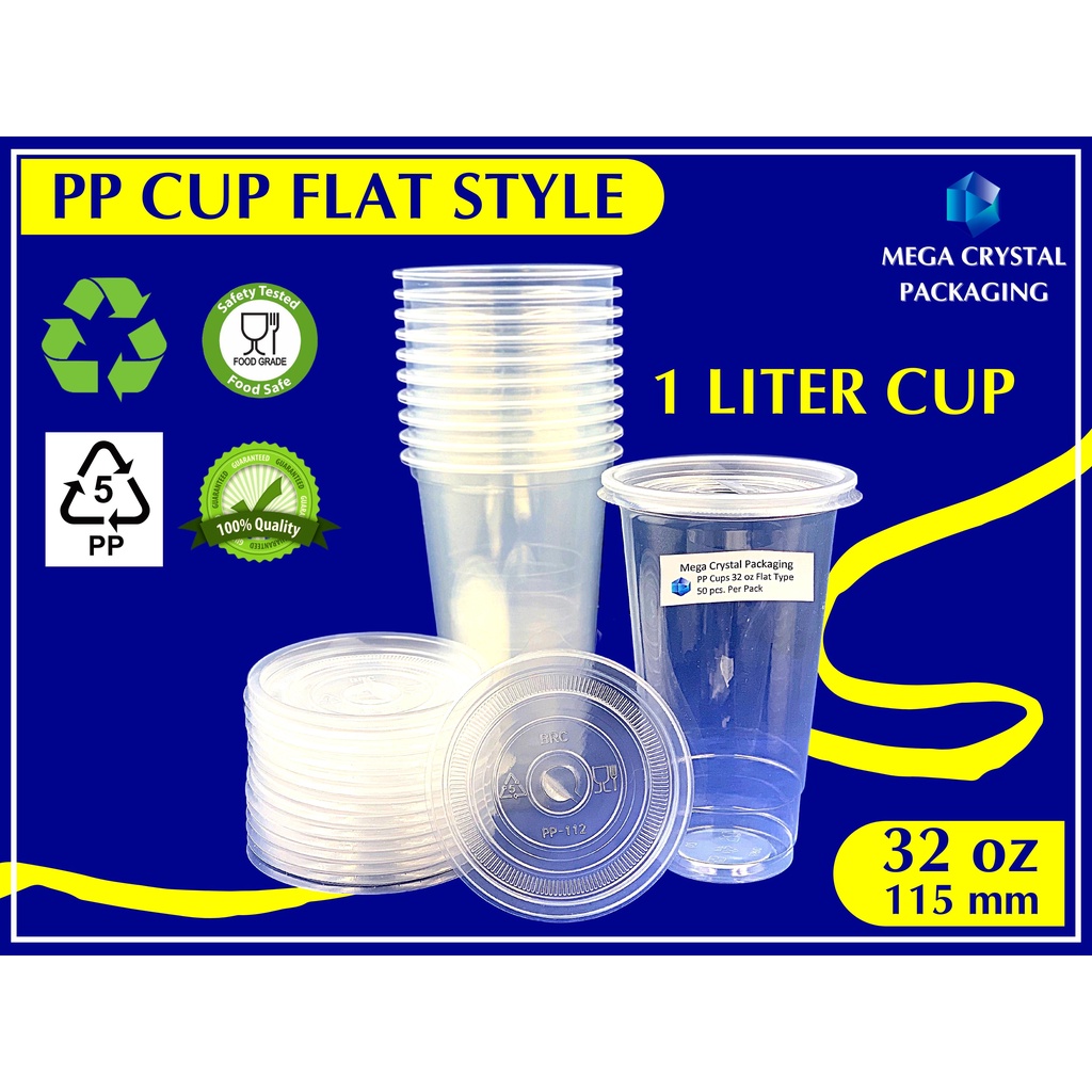 [ 50 Pcs. ] Milk Tea Plastic Cups / Frappe Flat Style 32 oz / 1 Liter