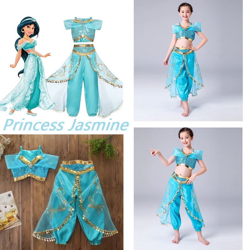 Princess Jasmine Costume Kids Aladdin Arabian Disney Pants Top Girls