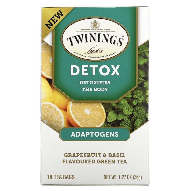 TWININGS Detox Adaptogens Grapefruit & Basil Flavored Green Tea 18 Tea