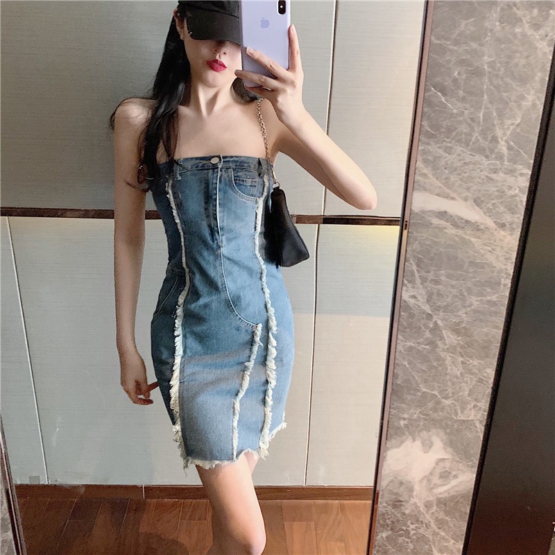 Korean Style Raw Edged Off Shoulder Denim Bodycon Mini Dress Casual Shopee Philippines