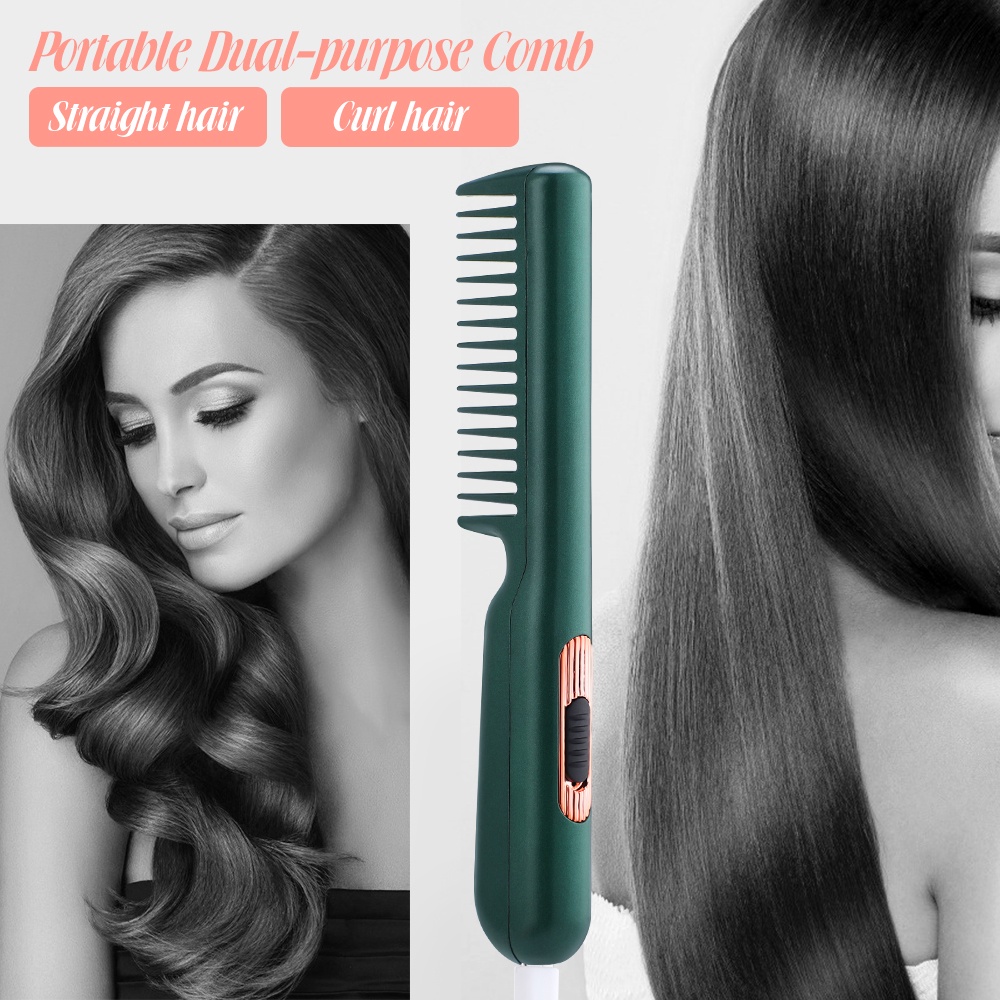 2 in 1 Wireless Hair Straightener Curling Brush Hot Heating Comb Hair