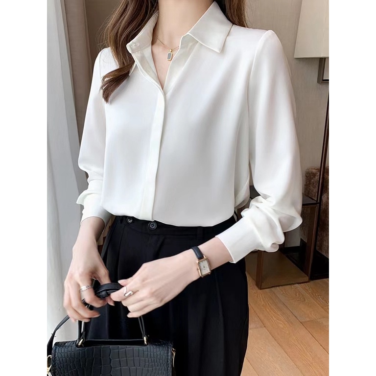 HUILISHI Women's Korean Plain Long Sleeve Silk Textile Shirts for ...