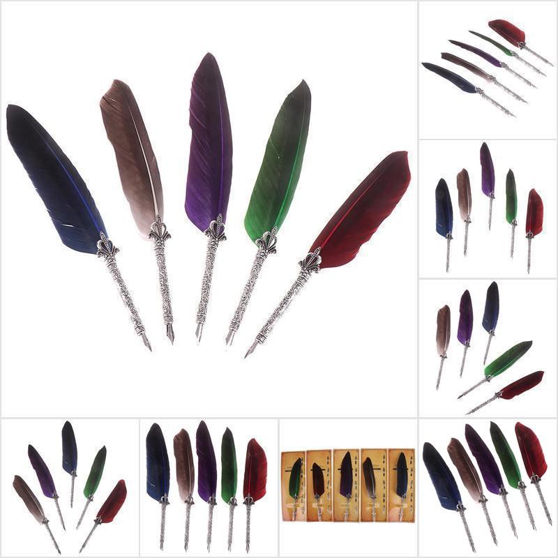 WMPH 1Set Vintage Quill Dip Pen Turkey Feather Pen Quill Oblique + 5