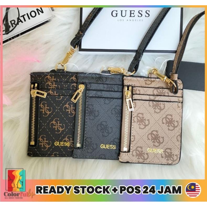 GUESS Signature Side Zip Wallet Office Lanyard ID Card Card Holder ID Holder + FREE GUESS BOX