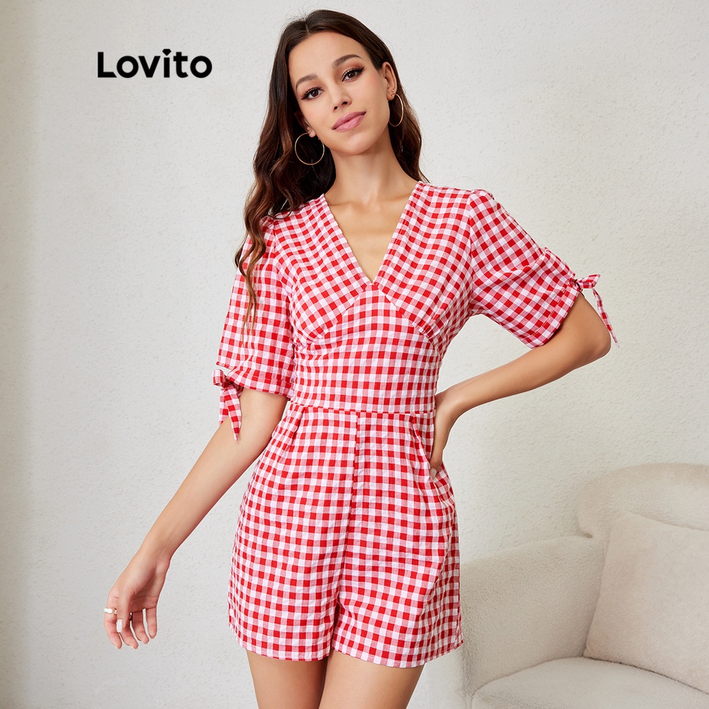 Lovito Casual Gingham V Neck Puff Sleeve Dress L24LD059 (Red) | Shopee ...