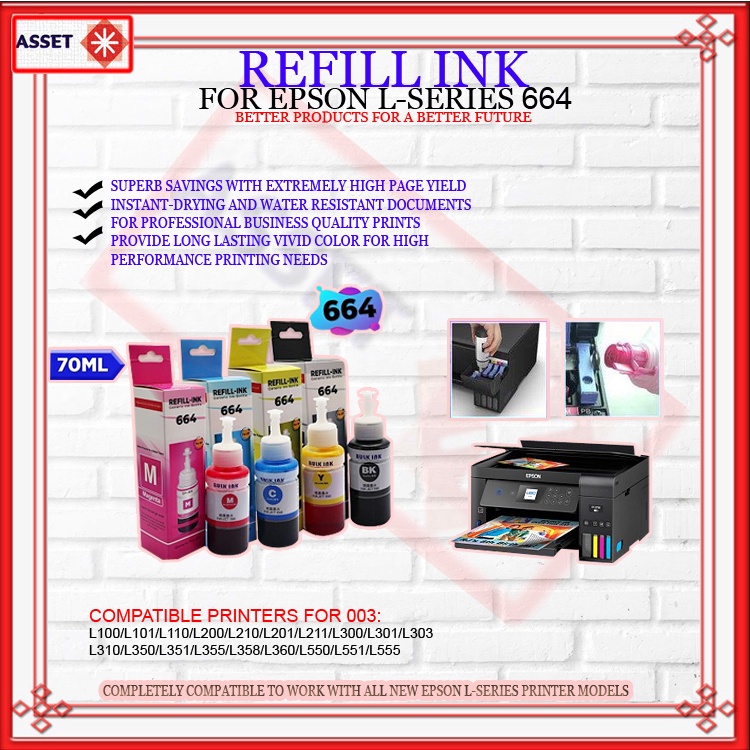 REFILL INK FOR EPSON L SERIES PRINTER 70ML 664 ( C,M,Y,K ) Shopee