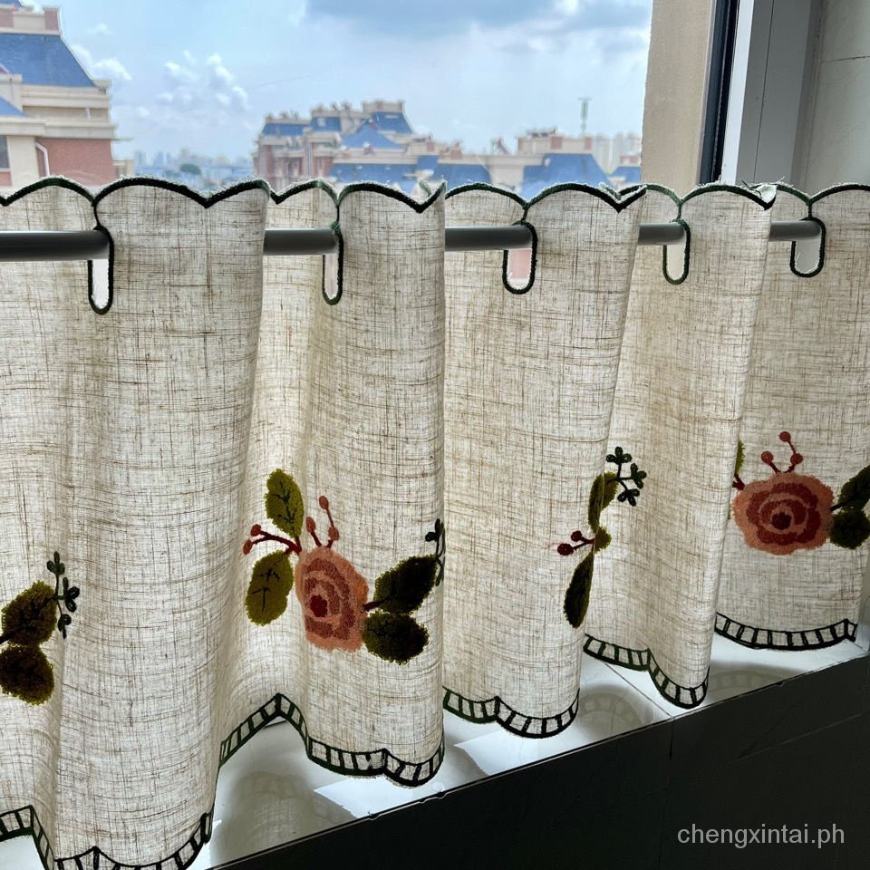 【COD】Door Curtain Hanging Door Curtain Partition Curtain Finished Cotton and Linen Half Curtain Short Curtain Embroidery Coffee Curtain Kitchen Small Curtain Yarn Cabinet Curtain Partition Curtain Punch-Free Cabinet Embroidery Curtain Window Short val