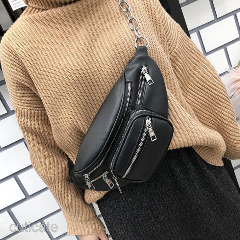 leather bum bag with chain