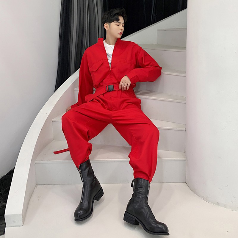 red cargo jumpsuit