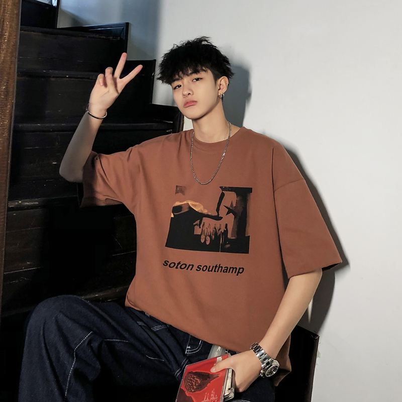 Men's Summer Short-sleeved T-shirt Men's Loose Ins Trend Printed Tops Brown  Retro Shirt Tide T Casual Couple Super Fire Five-point Sleeves for Men |  Shopee Philippines