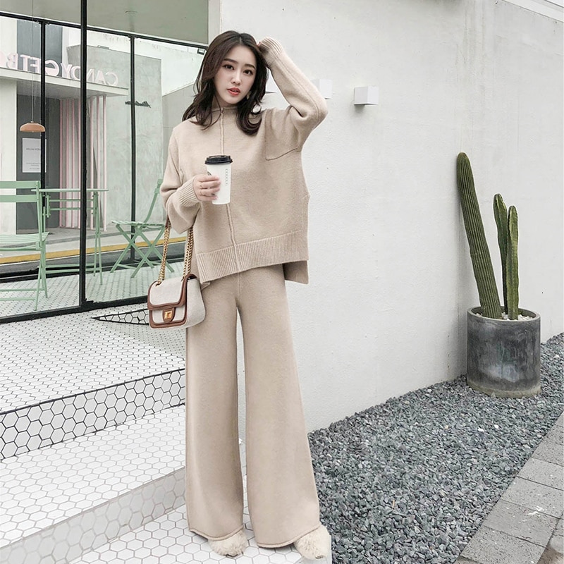 Women S Fashion Casual Knitted Long Sleeved Two Piece Blouse And Pants Shopee Philippines