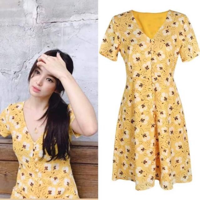 Song Hye Kyo Yellow Inspired Buttony Floral Casual Dress Hawaiian Bohemianohemian Shopee Philippines