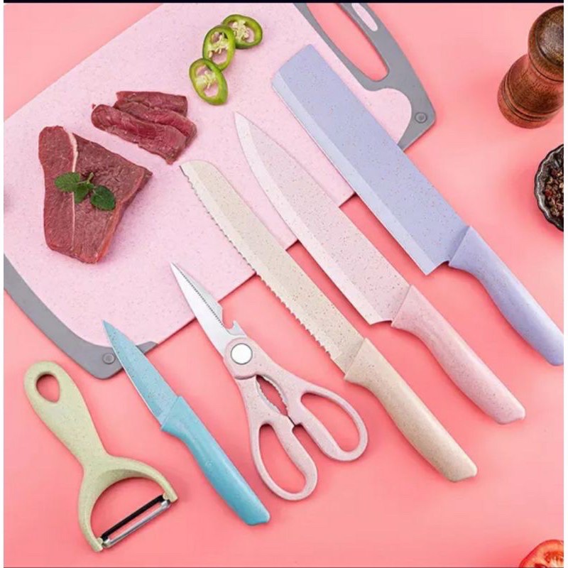 6pcs Pastel Kitchen Knife Set Wheat Straw NonStick Knife Set
