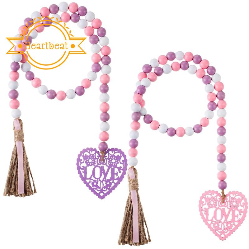 2 Pieces Valentine's Day Heart Wooden Beads Hanging Garland Farmhouse Beads Prayer Bead for Tiered Tray Decor