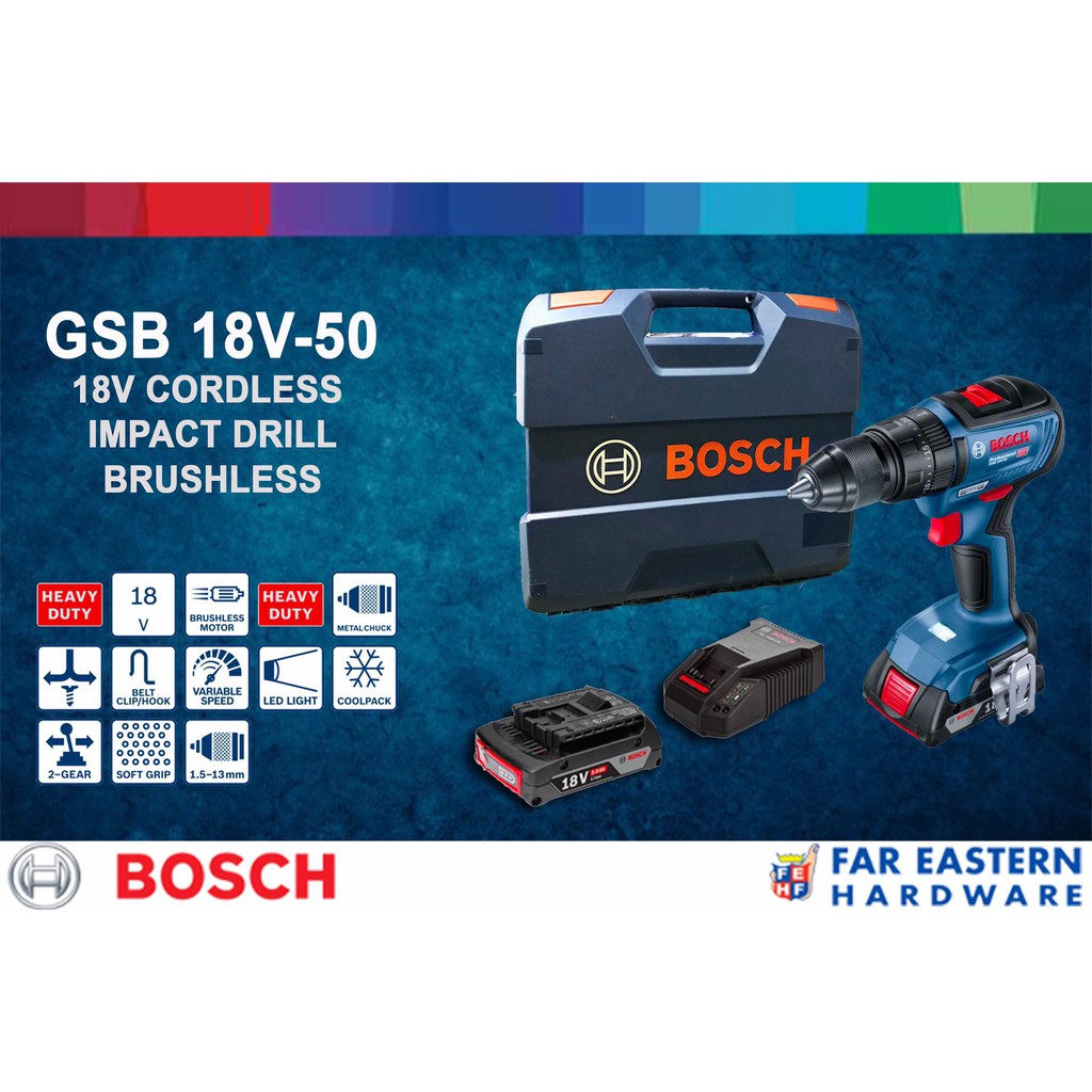 BOSCH GSB 18V-50 Cordless Brushless Impact Hammer Drill Driver Kit W ...