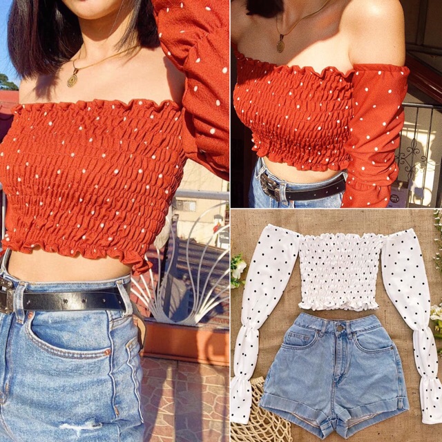 smocked crop top long sleeve