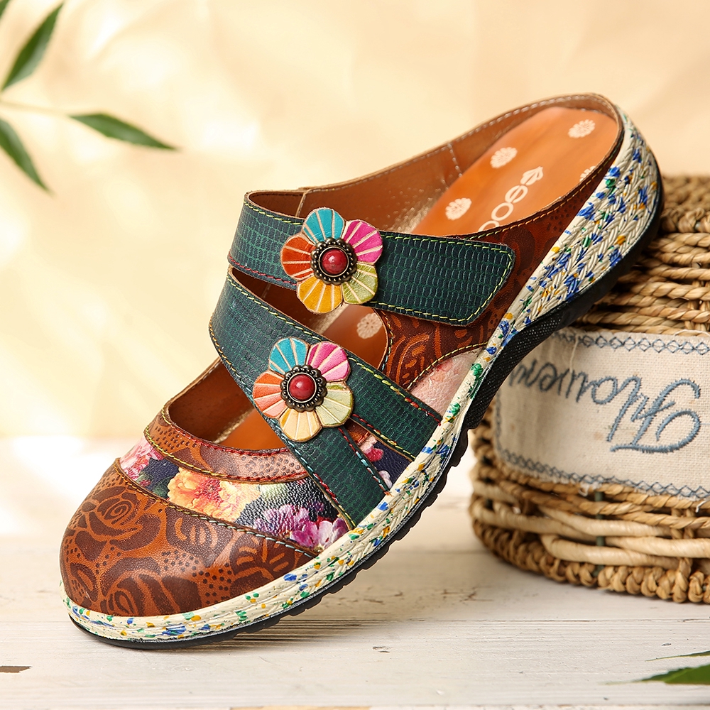 socofy vintage floral genuine leather splicing colored band stitching hook loop flat shoes