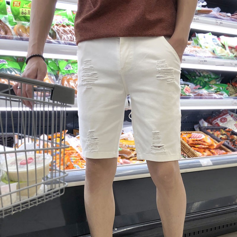 white denim knee length shorts