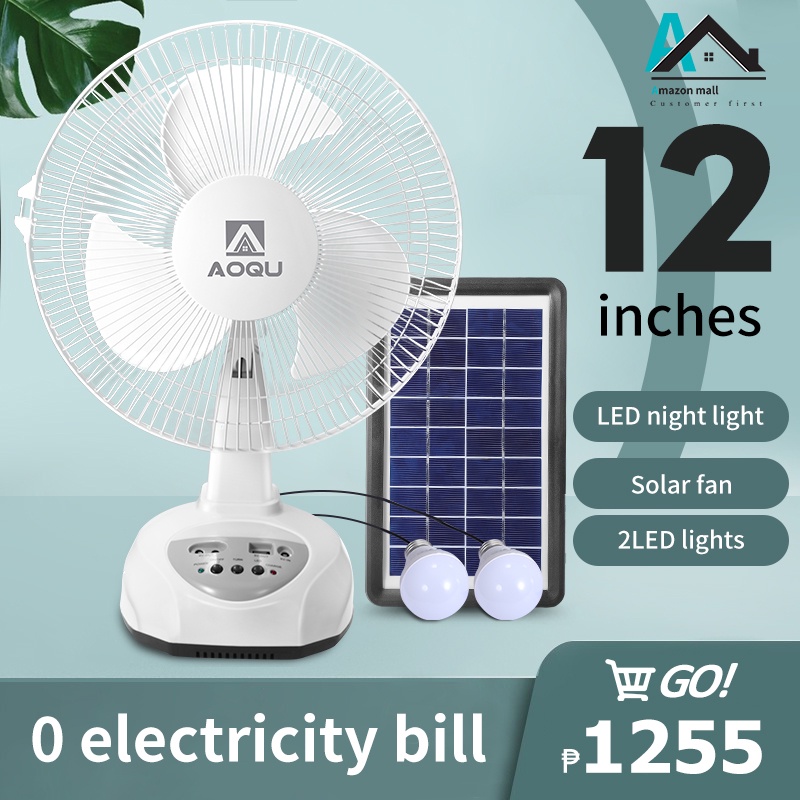 Solar electric fan 12 inch rechargeable 2 LED lights 220V AC desktop
