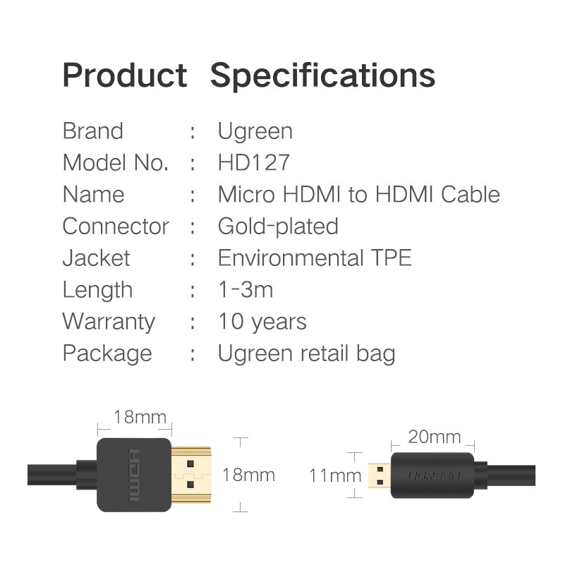 UGREEN Micro HDMI to HDMI Cable 3D 4K Adapter for Tablet/HDTV/PC | Shopee  Philippines